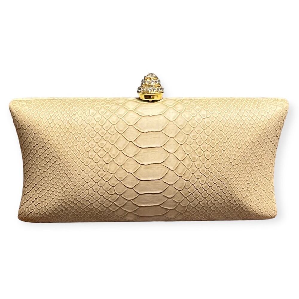 NEW Ivory Faux Croc Rhinestone Snap Closure Hard Shell Clutch Shoulder Bag
